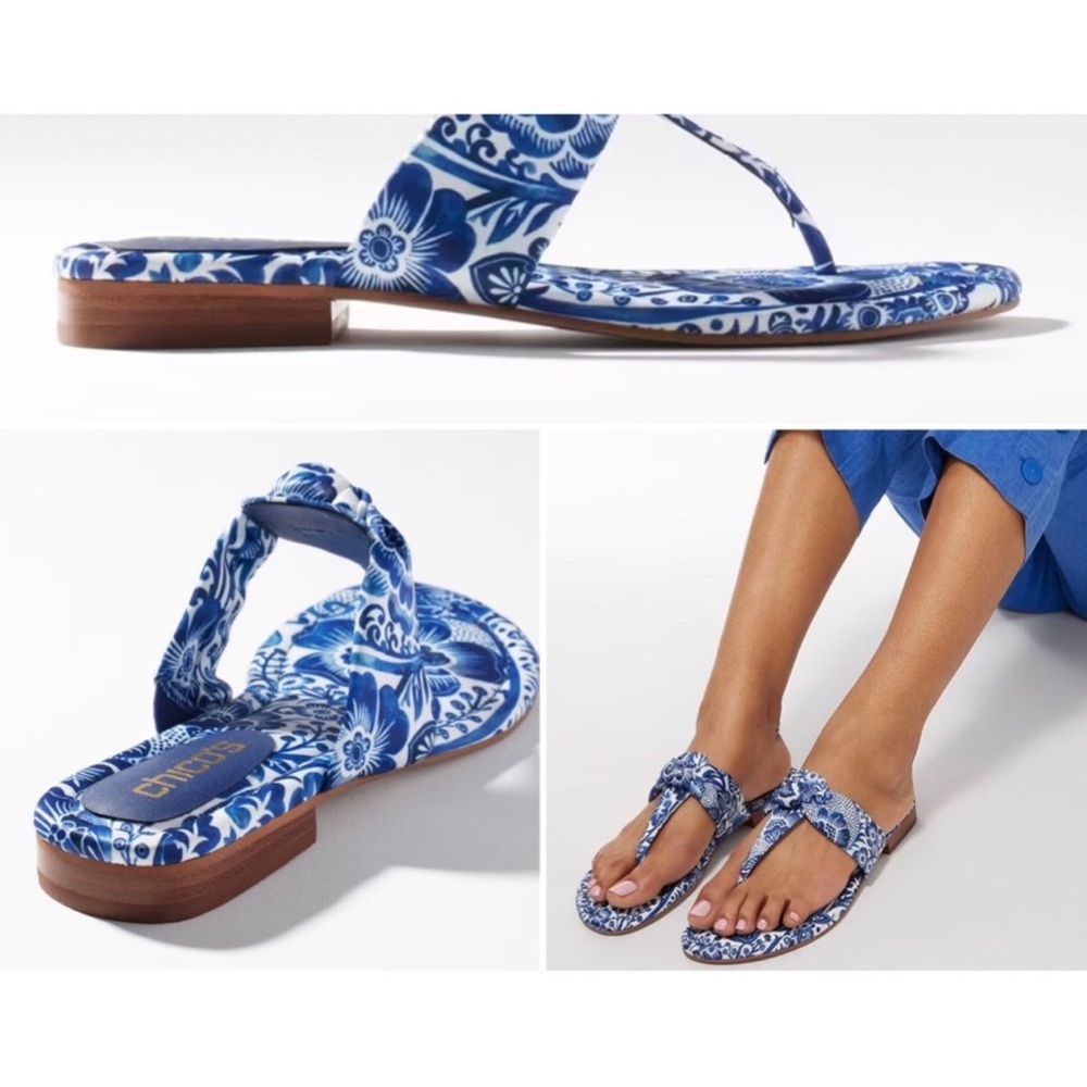 Chico’s Classic Navy Blue White Natalia Floral Print Knotted Thong Sandals Shoes